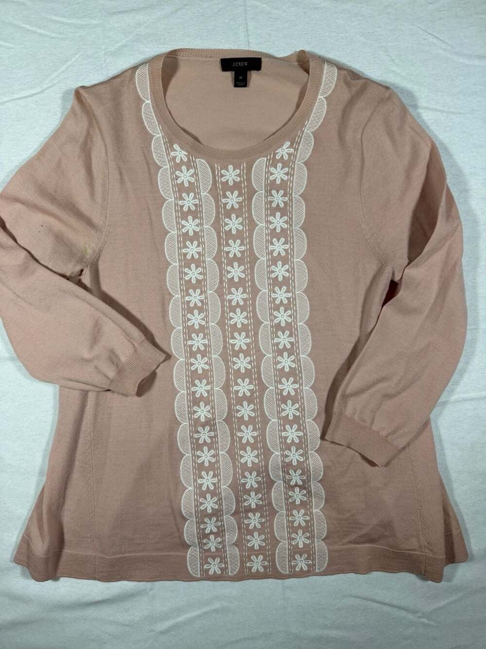 J. Crew Blush Pink Embroidered Merino Wool Long Sleeve Sweater